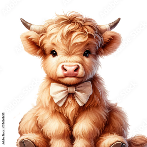 Adorable Highland Calf: A charming highland calf captivates with its fluffy, ginger fur, complete with a dainty bow tie. The calf exudes cuteness and innocence, ready to bring joy.