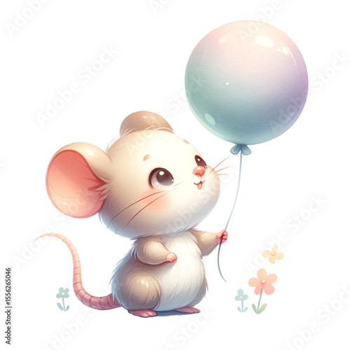 Cheerful Mouse with Balloon: A cute and whimsical cartoon mouse holds a dreamy balloon, bringing a sense of joy and lightheartedness. Capturing an essence of childish wonder and whimsical design.