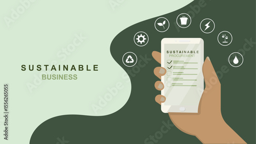 Sustainable business mobile procurement checklist with environmental icons and hand holding smartphone. Green business assessment and corporate responsibility. ESG concept. Vector illustration