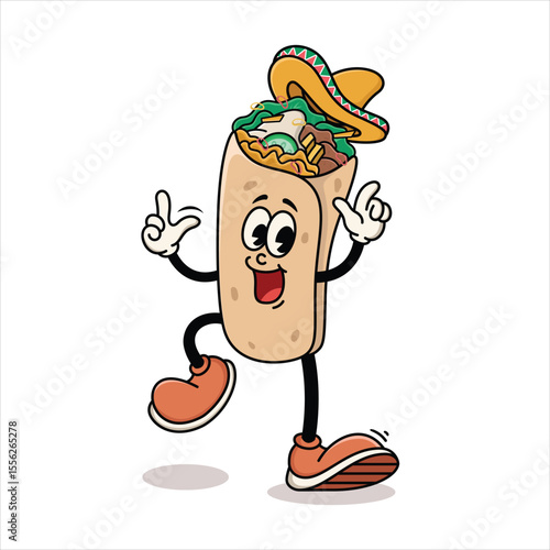 Cartoon Burrito Mascot Dancing with Sombrero