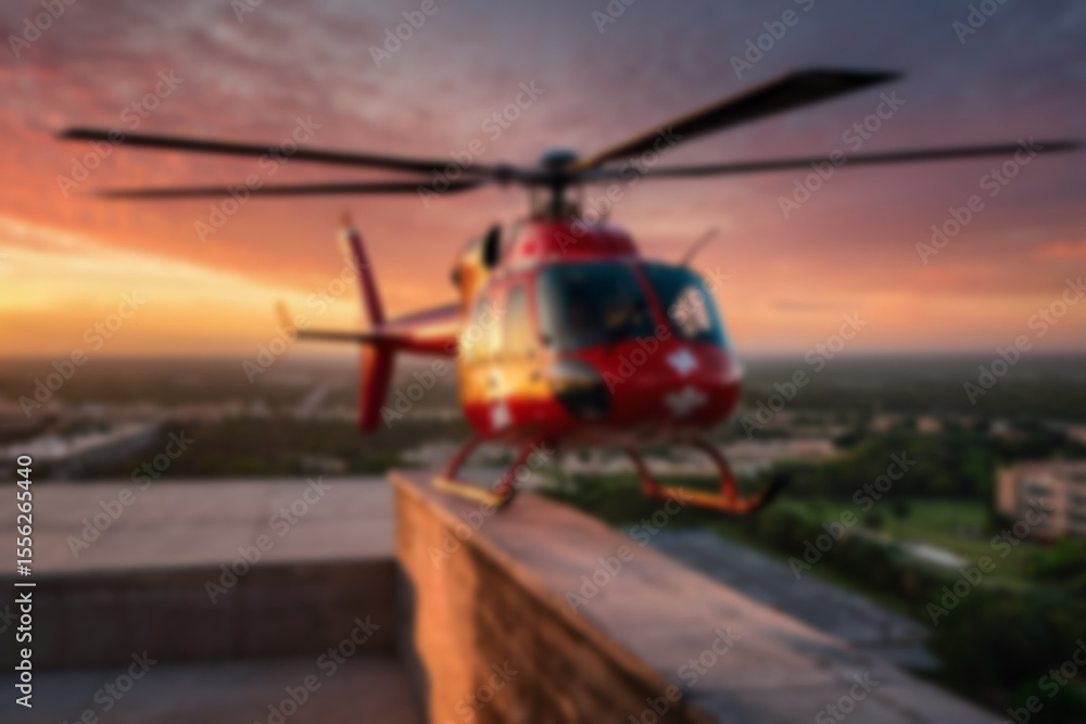 Fototapeta premium A blurry photo of a medical helicopter flying low over a city to pick up a patient.