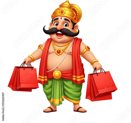 Cartoon King Mahabali Shopping with Bags – Onam Sale Promotion Image on Transparent background