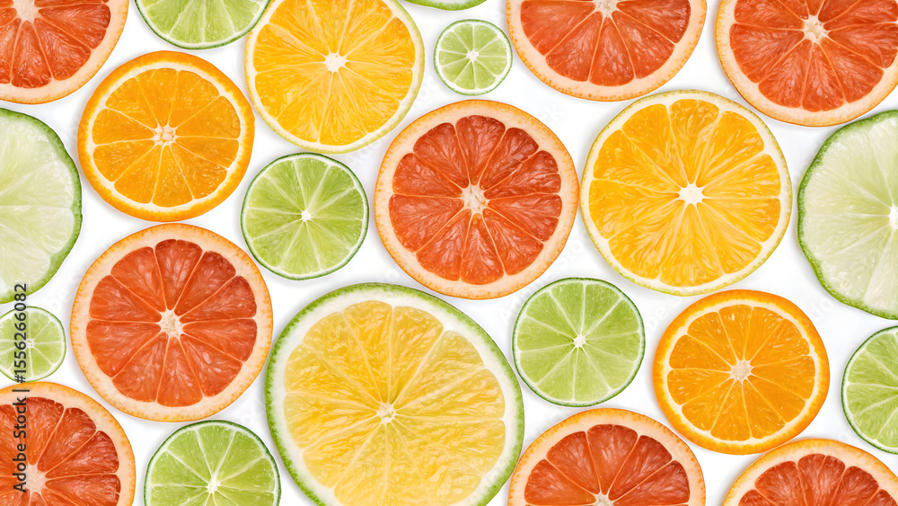 Obraz premium A vibrant seamless citrus pattern featuring fresh orange, lemon, and lime slices perfect for a tropical fruit background.
