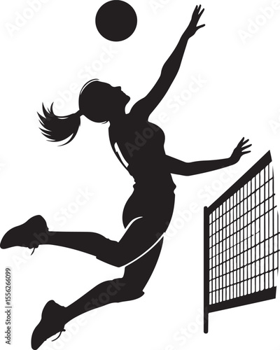 Dynamic silhouette of an athletic volleyball player leaping to spike the ball over the net, representing energy, sportsmanship, teamwork, and the passion for volleyball.