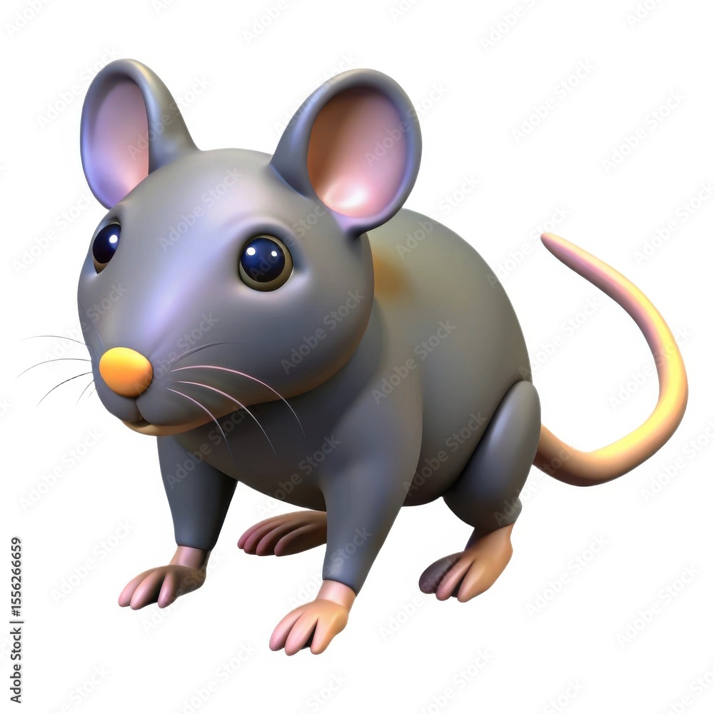 Obraz premium Cute cartoon grey mouse with big eyes and a long tail isolated on white background