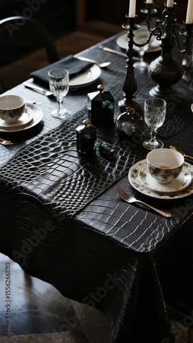 Elegantly Set Table with Black Crocodile-Texture Tablecloth and Fine China