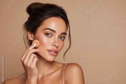 Beautiful young woman applying foundation powder