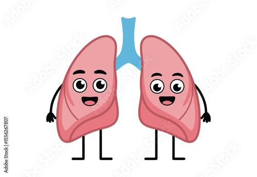 Cute cartoon lungs with happy faces and arms and legs on a white background