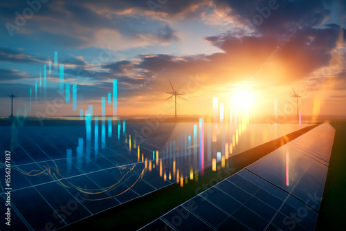 Renewable energy investment growth with solar panels and wind turbines at sunset