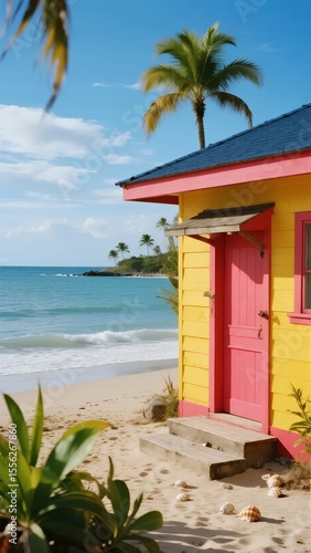Bright Yellow Beach House with Pink Door on Sandy Shoreline