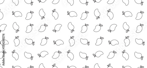 Scatter seamless pattern with mango in outline mode without background. Fruit background design