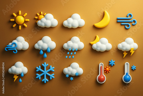 Collection of 3d weather icons including sun clouds rain snow lightning wind and thermometers