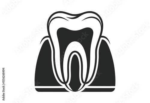Stylized black and white illustration of a human tooth with roots and gums