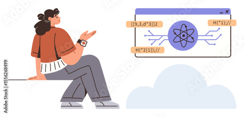 Woman sitting and gesturing toward a computer screen showing atomic imagery, coding elements, and data processing symbols. Ideal for technology, education, cloud computing, innovation, research