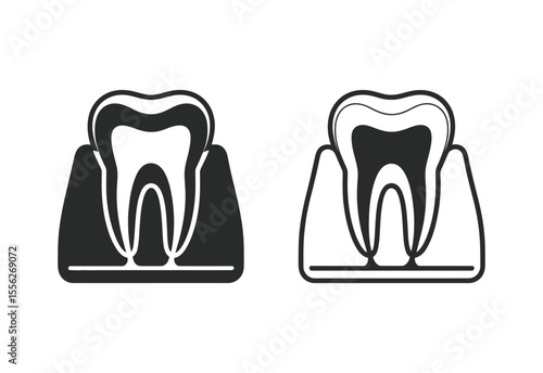 Two stylized dental tooth icons showing internal structure and gum line