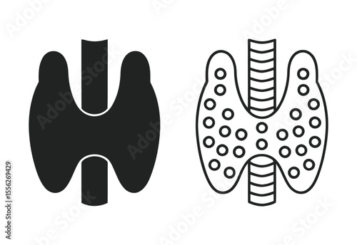 Two stylized icons of the human thyroid gland with trachea in the center