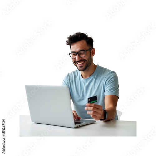 Happy Man Making Online Payment with Credit Card on Laptop