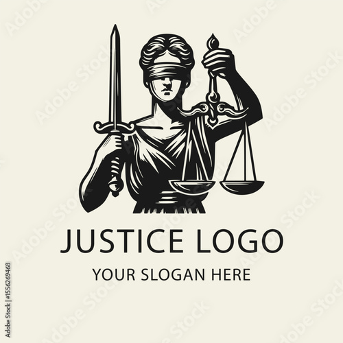 Black and white flat vector logo of Lady Justice holding scales and a sword. Perfect emblem for law firms, attorneys, and legal services branding.