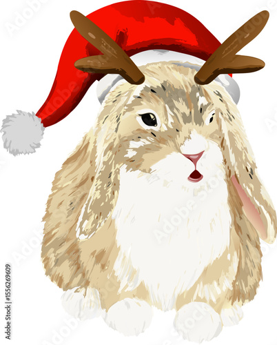 A holiday-themed bunny with decorative antlers and a Santa hat, blending animal cuteness with traditional Christmas symbols
