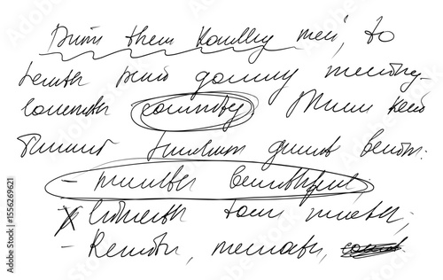 Handwritten letter with english unreadable text. Doodle old manuscript on transparent background
