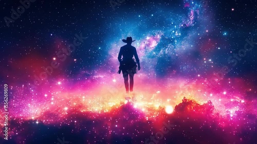 Lone cowboy walking in colorful starry galaxy space