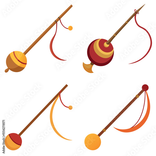 Collection of decorated ancient scepters with ribbons and ornamented spheres royalty props