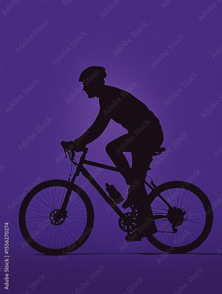 Obraz premium A cyclist in a racing posture on a road bike, wearing a helmet and focused silhouette, captures the essence of motion against a purple backdrop.
