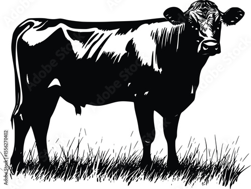 Vector illustration young beef cattle grazing pasture bold style
