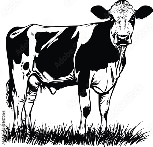Vector illustration monochrome cow grazing pasture bold style