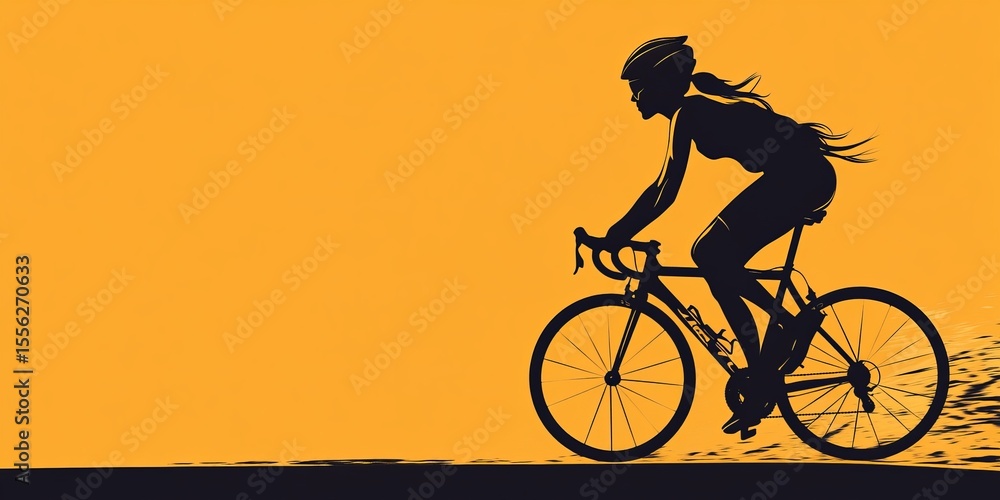 Obraz premium Female cyclist in action shot, road bike silhouette against vibrant orange backdrop, dynamic movement captured in motion blur.