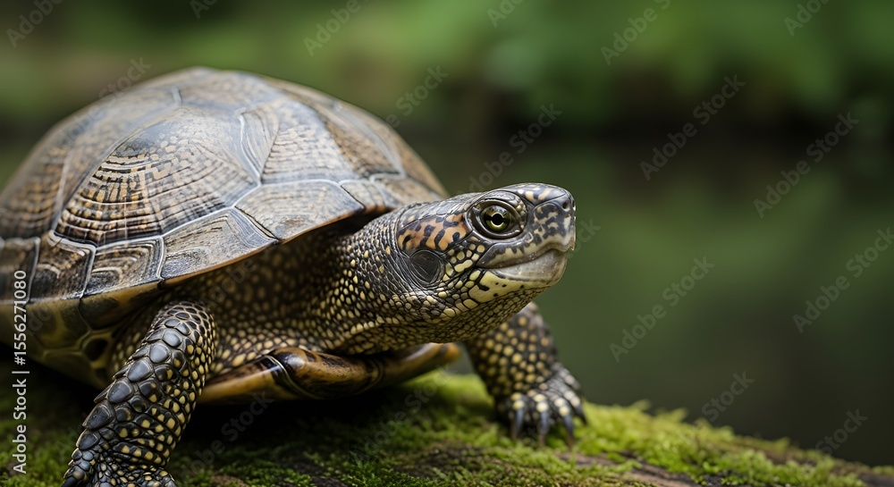 Fototapeta premium European pond turtle resting on mossy tree trunk