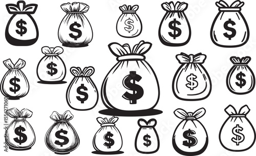 Money Bag with Dollar Sign Vector Illustration: Bold Black and White Cash Sack Icon for Finance Branding, Investment Growth Symbols, Banking Graphics, Wealth Management Concepts, Business Success Icon