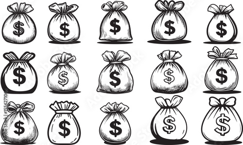 Money Bag with Dollar Sign Vector Illustration: Bold Black and White Cash Sack Icon for Finance Branding, Investment Growth Symbols, Banking Graphics, Wealth Management Concepts, Business Success Icon