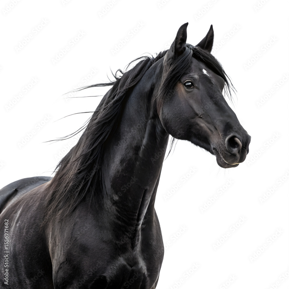 Fototapeta premium A majestic black stallion with a flowing mane and tail, isolated on transparent background, is captured in a closeup profile portrait