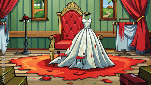 A lady in a traditional red dress poses by a carousel in the park, with a distant circus tent on the beach