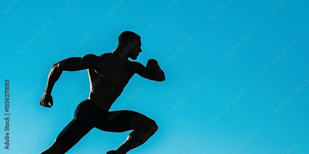 Naklejka premium The silhouette of a man in an athletic pose against the bright blue sky emphasizes his dynamic strength and flexibility during an outdoor fitness stretch.