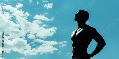 The serene outdoor scene features a muscular silhouette of a man in mid-air, executing a yoga pose with strength and balance against the backdrop of a clear blue sky dotted with fluffy clouds.