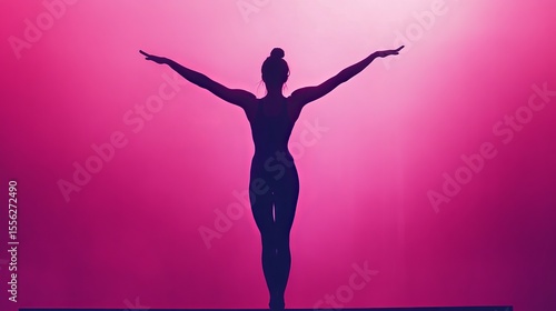 A silhouette of the gymnast performing an acrobatic pose atop the balance beam is framed by the striking red background featuring stretching elements creating an impressive visual impact.