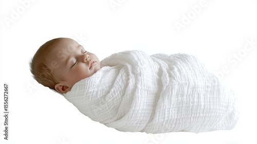 A serene portrait of a newborn baby peacefully asleep in a clean studio shot, swaddled in pure white, creating an innocent and tender moment.