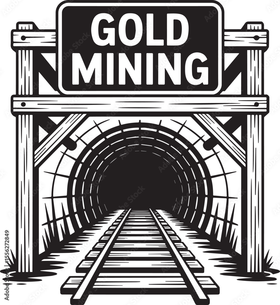 Fototapeta premium Vintage Gold Mining Entrance with Tunnel and Railway Tracks Vector