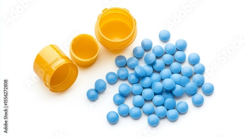 Brightly lit scene featuring scattered blue pills and two open yellow pill bottles with white caps, symbolizing a medication setup for relief.