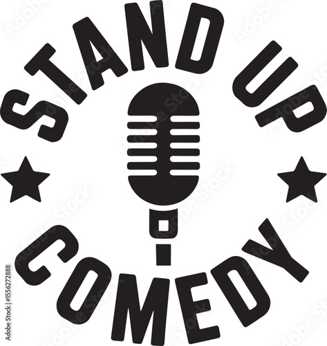 Stand Up Comedy Show Logo with Vintage Microphone and Stars Badge
