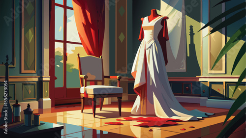 A lady in a traditional red dress poses by a carousel in the park, with a distant circus tent on the beach