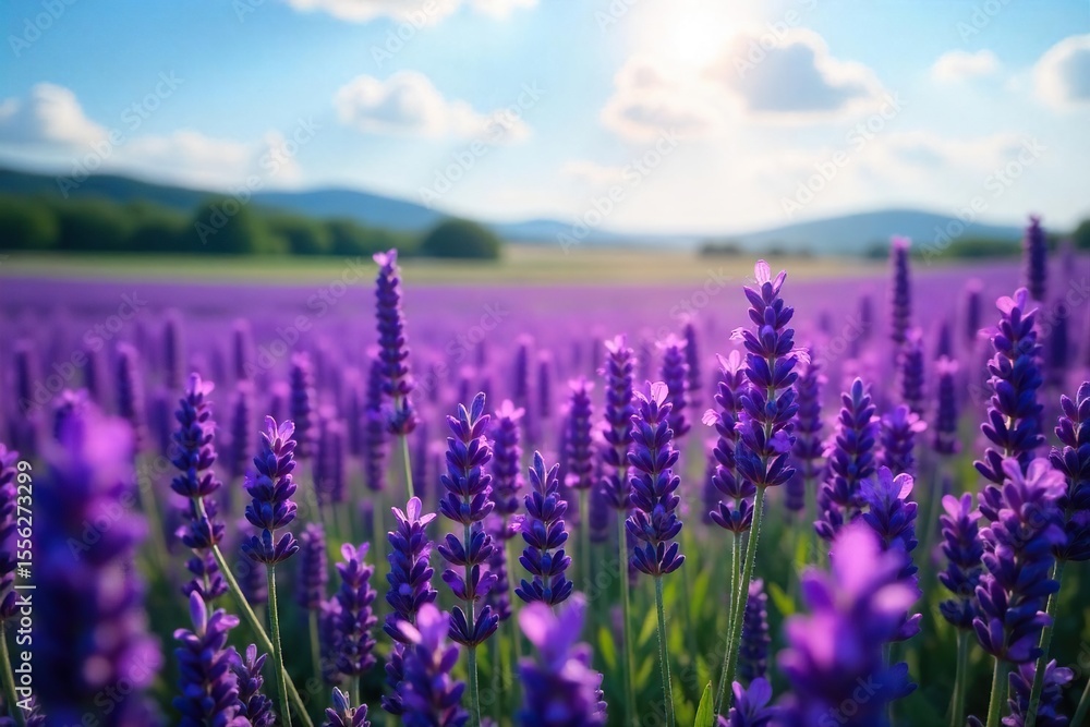 Naklejka premium Serene Summer Lavender Field Blossoms Swaying Gently in a Vibrant Purple Landscape, Perfect for Relaxation and Nature-Themed Designs