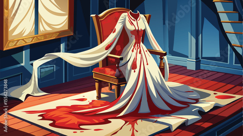 A lady in a traditional red dress poses by a carousel in the park, with a distant circus tent on the beach