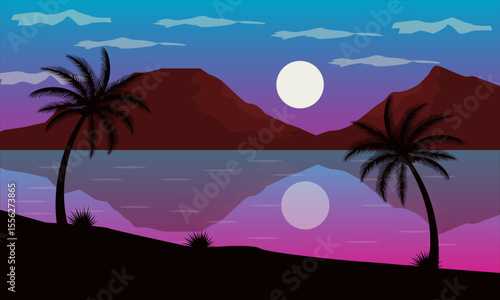 Natural Landscape in the morning, Mountains, lakes and silhouettes of Palm Trees