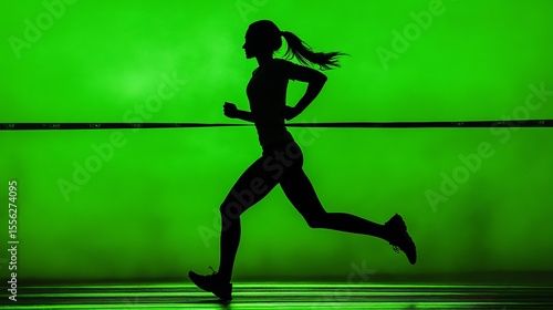 Woman running with energy and grace, set in front of a lush green background, showcasing her vibrant studio environment and fitness dedication.