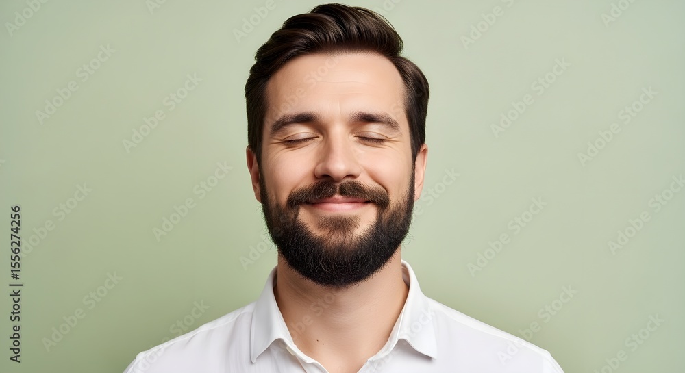 Obraz premium Portrait of a Smiling Man with Eyes Closed, Relaxed and Content