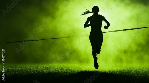 Athletic woman is captured mid-stride with strong sense of energy in side view against striking green background with dramatic lighting.