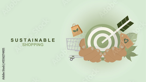 Sustainable shopping concept with target goals. shopping cart. Eco friendly bags. Green commerce and environmental responsibility illustration ideal for retail marketing. Vector illustration